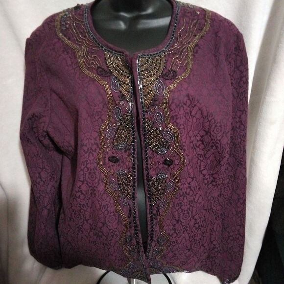 Chicos Womens Evening Jacket Purple Hook & Eye Beaded Scoop Lace Fancy L/2 - Picture 1 of 10